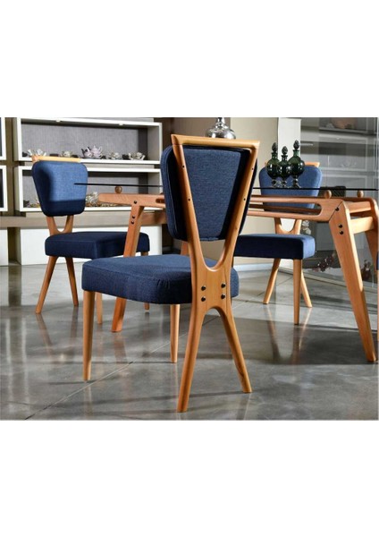 Palace Iskandinav Gürgen Ağaç El İşçiliği Mutfak&Salon Sandalyesi Keten Lacivert