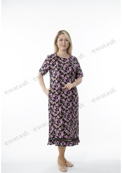 Kısa Kollu Dantel Detaylı Pembe Çiçekli Midi Elbise