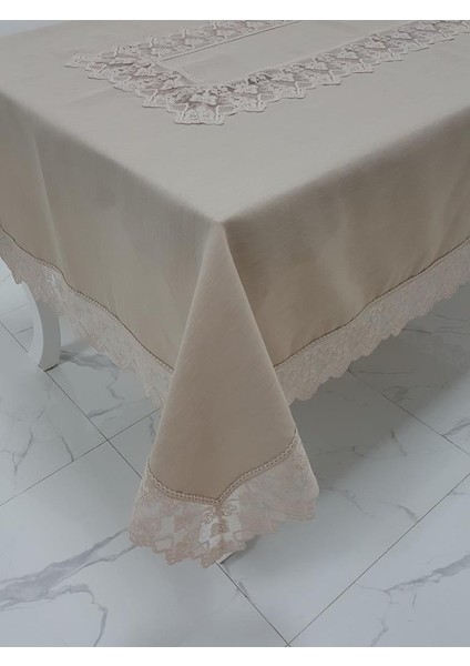 Esra Lüx Dantelli Keten Kumaş Bej Masa Örtüsü Dikdörtgen 160x230 cm - 1117 fiyatları