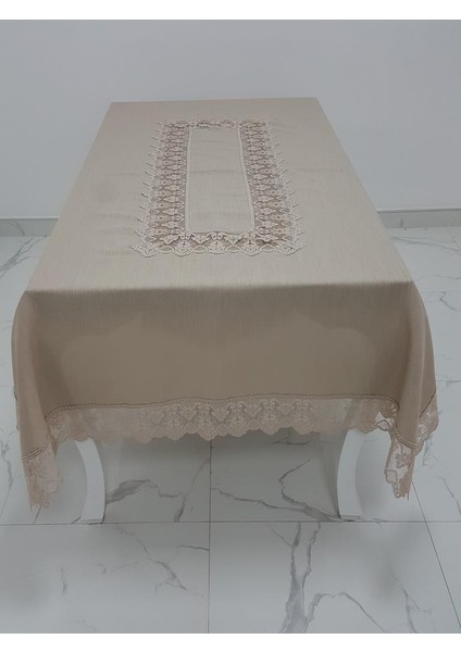 Esra Lüx Dantelli Keten Kumaş Bej Masa Örtüsü Dikdörtgen 160x230 cm - 1117 modelleri
