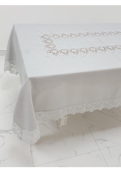 Esra Lüx Dantelli Keten Kumaş Gri Masa Örtüsü Dikdörtgen 160x230 cm - 1118 modelleri
