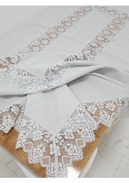 Esra Lüx Dantelli Keten Kumaş Gri Masa Örtüsü Dikdörtgen 160x230 cm - 1118 indirimleri