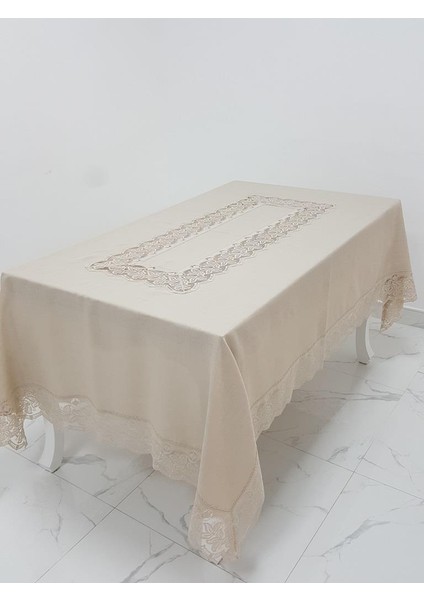 Beril Lüx Dantelli Keten Kumaş Bej Masa Örtüsü Dikdörtgen 160x230 cm - 1121