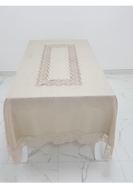 Beril Lüx Dantelli Keten Kumaş Bej Masa Örtüsü Dikdörtgen 160x230 cm - 1121 modelleri