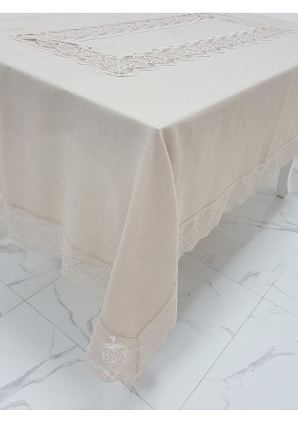 Beril Lüx Dantelli Keten Kumaş Bej Masa Örtüsü Dikdörtgen 160x230 cm - 1121 fırsatları