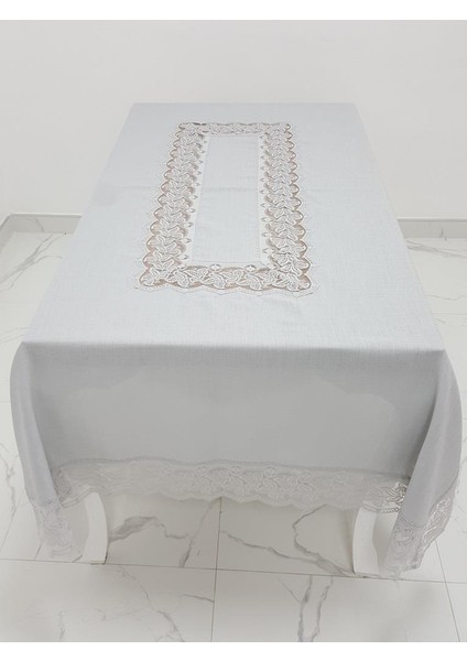 Beril Lüx Dantelli Keten Kumaş Gri Masa Örtüsü Dikdörtgen 160x230 cm - 1122 modelleri