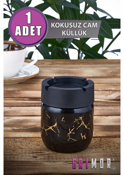 Siyah Mermer Desenli Dekoratif Cam Kokusuz Küllük