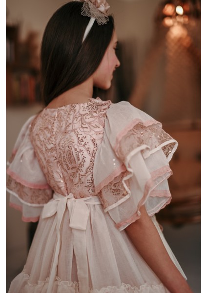 Payet ve Dantel Işlemeli, Taçlı, Uzun, Kız Çocuk Vintage Elbise, Elbise