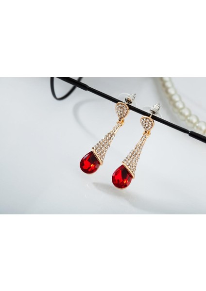 18 K Altın Kaplama Uzun Rhinestone (Yapay Elmas) Küpe Kırmızı