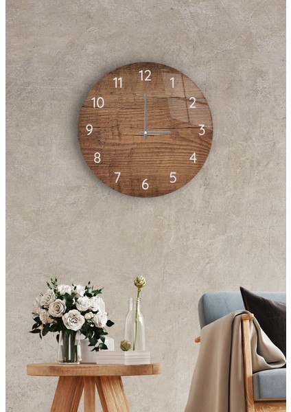 Duvar Saati - Cam - Sessiz Akar -Koyu Ahşap Çap 37