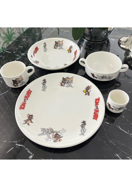 5 Parça Porselen Tomve Jerry Desenli Çocuk Yemek Takımı