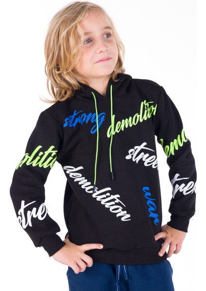 Erkek Çocuk Strong Yazı Baskılı Kapşonlu Sweatshirt 14138 modelleri