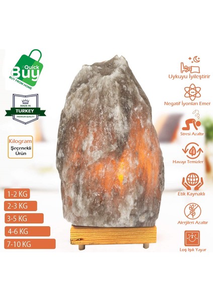 Çankırı Kaya Tuzu Lambası Doğal Tuz Lamba Oda Abajur 1-2 kg + 1.5 mt Açma Kapama Düğmeli Lamba