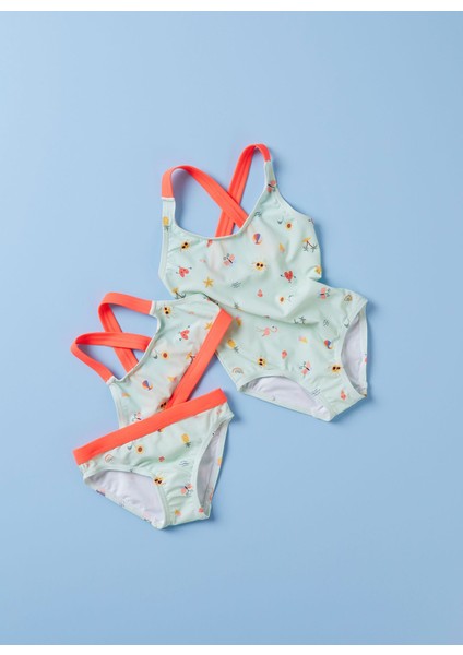 Name İt 13199651-Y Hızlı Kuruma Özellikli Antibakteriyel Desenli Açık Mavi Kız Çocuk Bikini Takım fırsatları