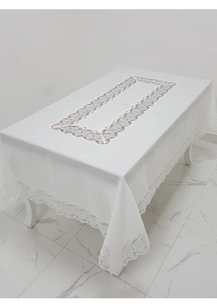 Beril Lüx Dantelli Keten Kumaş Krem Masa Örtüsü Dikdörtgen 160x230 cm - 1123