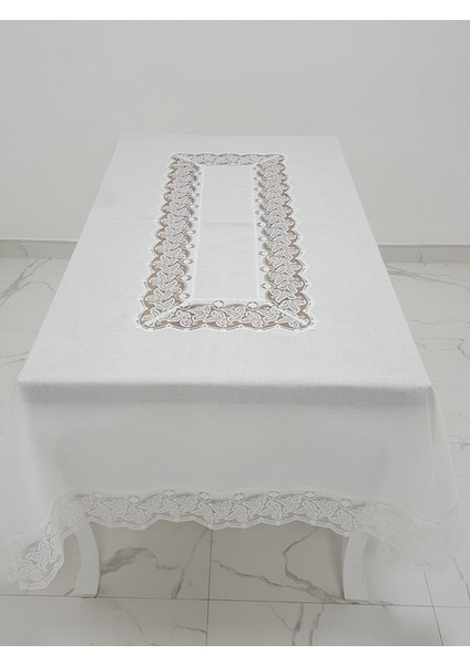 Beril Lüx Dantelli Keten Kumaş Krem Masa Örtüsü Dikdörtgen 160x230 cm - 1123 indirimleri