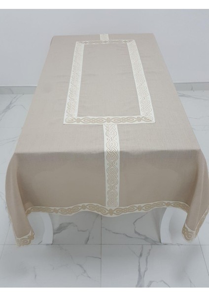Antik Lüx Jakar Bordürlü Keten Kumaş Bej Masa Örtüsü Dikdörtgen 160x230 cm - 1128 modelleri