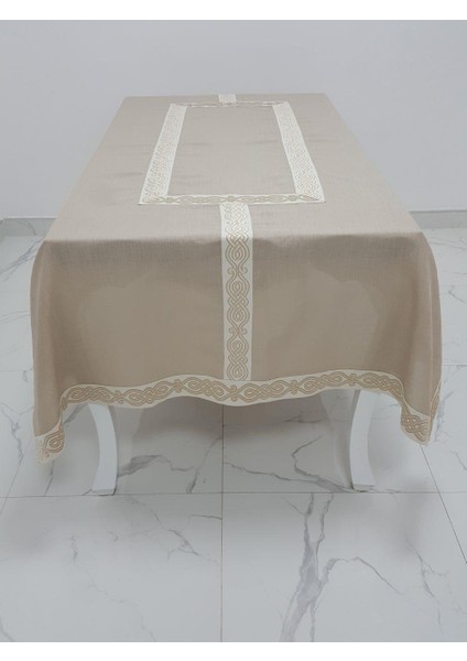 Antik Lüx Jakar Bordürlü Keten Kumaş Bej Masa Örtüsü Dikdörtgen 160x230 cm - 1128 indirimleri