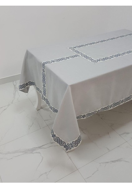 Antik Lüx Jakar Bordürlü Keten Kumaş Gri Masa Örtüsü Dikdörtgen 160x230 cm - 1129