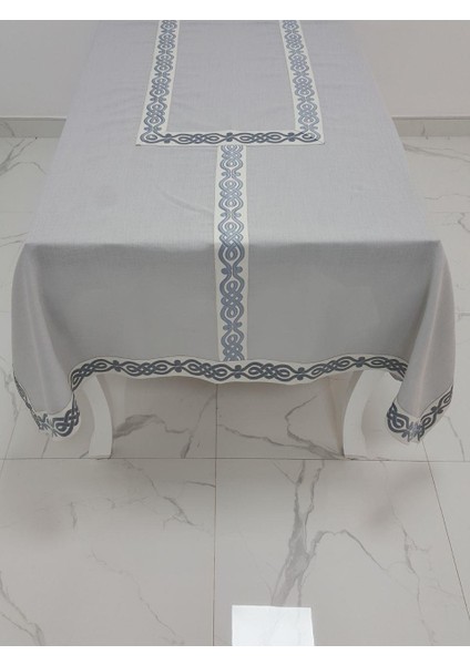 Antik Lüx Jakar Bordürlü Keten Kumaş Gri Masa Örtüsü Dikdörtgen 160x230 cm - 1129 modelleri