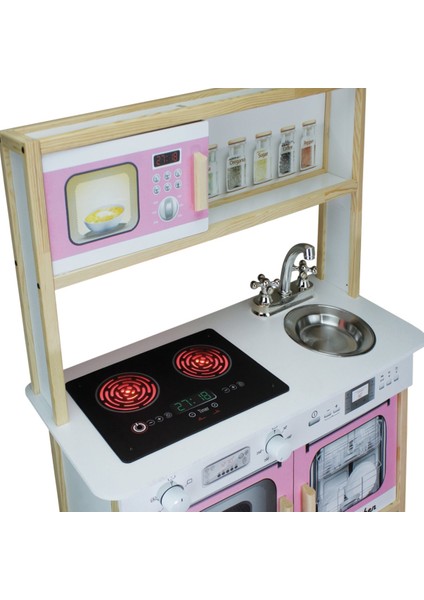 Montessori Ahşap Led Işıklı Çocuk Mutfak Seti - Pembe - T1005