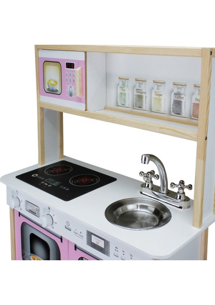 Montessori Ahşap Led Işıklı Çocuk Mutfak Seti - Pembe - T1005