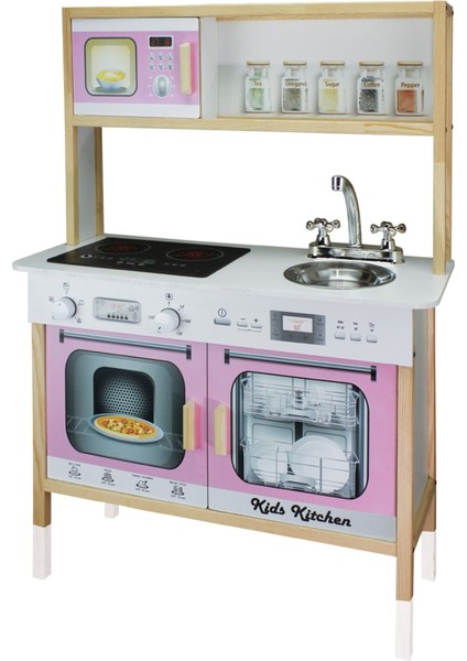 Montessori Ahşap Led Işıklı Çocuk Mutfak Seti - Pembe - T1005