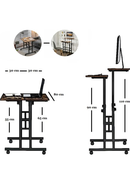 Yükseklik Ayarlı Bilgisayar/laptop ve Çalışma Masası - Çam 80X40 (Tekerli)