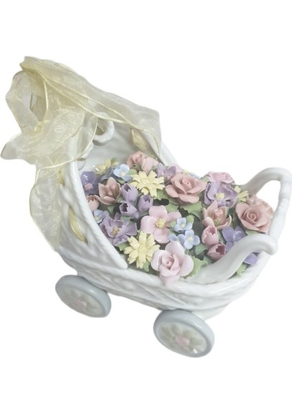 Capodimonte Çiçekli Porselen Bebek Arabası 5X15CM