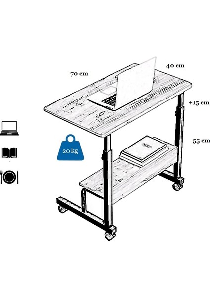 Yükseklik Ayarlı Raflı Laptop Sehpası - Ceviz (Tekerli)