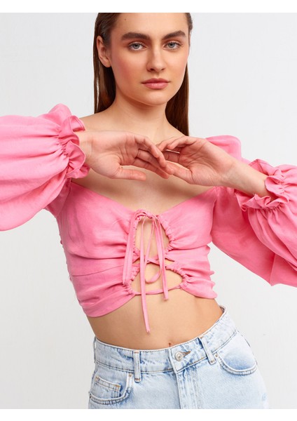 50131 Balon Kollu Crop Top-Fuşya