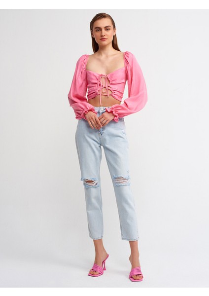 50131 Balon Kollu Crop Top-Fuşya modelleri