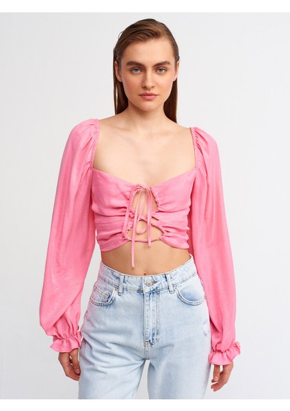 50131 Balon Kollu Crop Top-Fuşya fırsatları