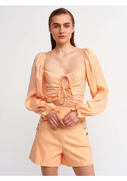 50131 Balon Kollu Crop Top-Şeftali