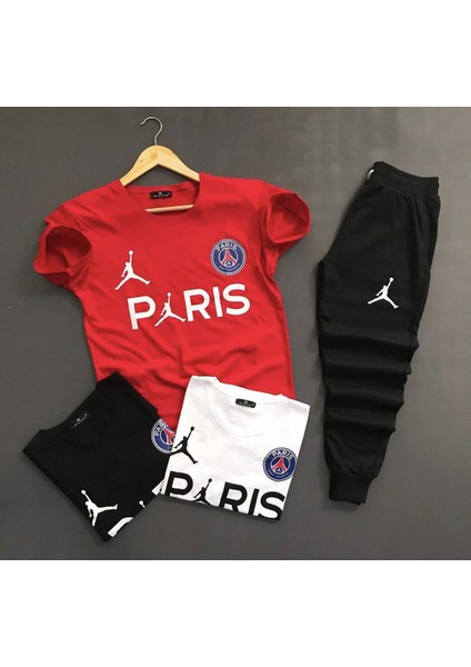 Paris Dijital Baskılı %100 Pamuk Kısa Kollu Yazlık Dış Mekan 4lü Erkek Eşofman Takımı