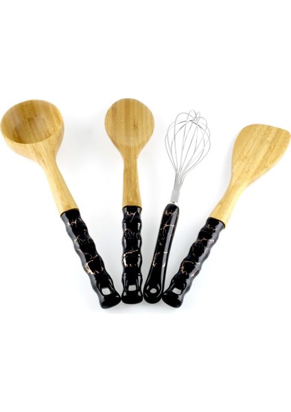 Mermer Görünümlü Porselen Saplı Bambu Mutfak Seti 4 Lü Siyah