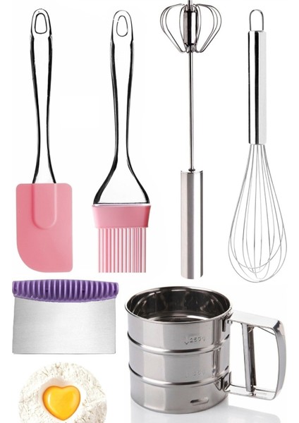 Hamur Kesici Tel Çırpıcı Un Eleği Çelik Basmalı Yumurta Çırpıcı Silikon Yağ Fırçası Silikon Spatula