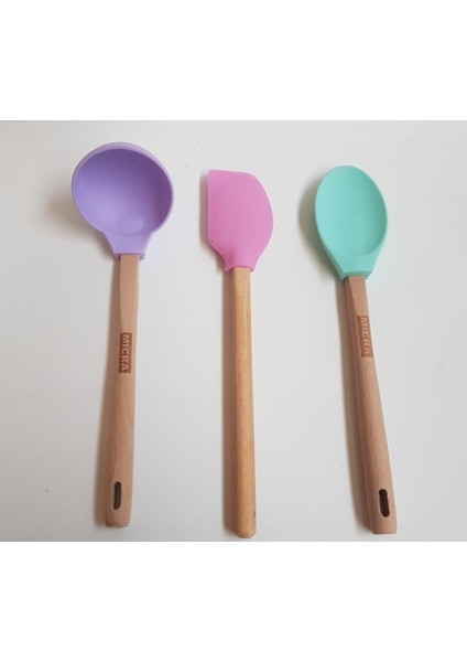 3' Lü Bambu Saplı Silikon Kaşık-Kepçe-Spatula Seti - Renkli Bambu Saplı Silikon Set