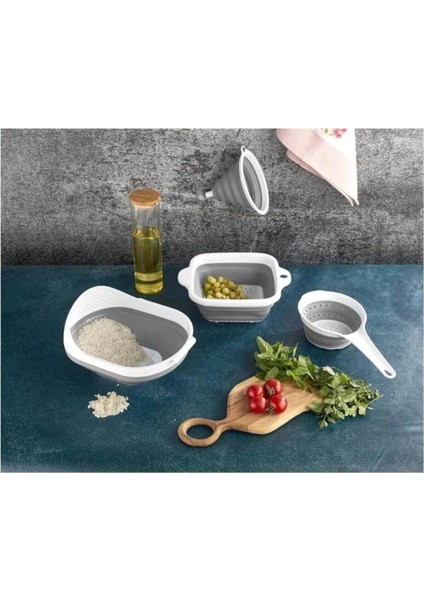 Beyaz Gri Katlanır Akordeon Huni Mutfak Süzgeç Seti 4 Parça