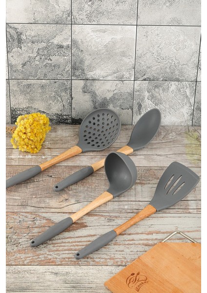 Shop Gri Bambu Saplı Silikon Mutfak Servis Spatula Kaşık Kevgir Kepçe Seti 4 Parça