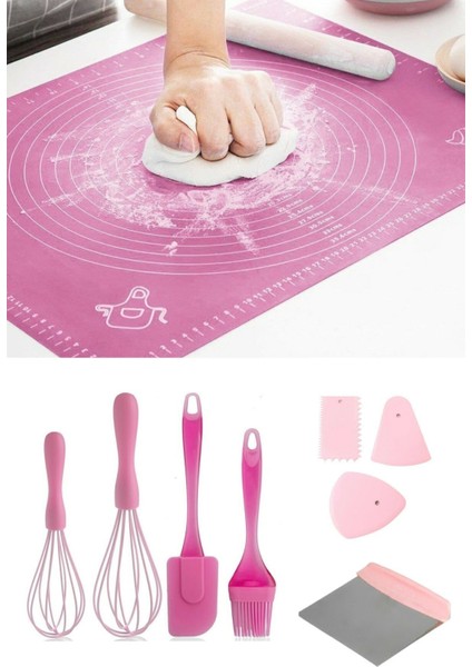 Silikon Hamur Açma Matı 2'li Çırpıcı 2'li Spatula Kesici Spatula ve 3'lü Kazıyıcı Seti