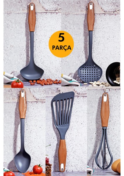 5 Parça Mutfak Servis Seti Kepçe, Kaşık, Çırpıcı, Kevgir Kepçe, Spatula