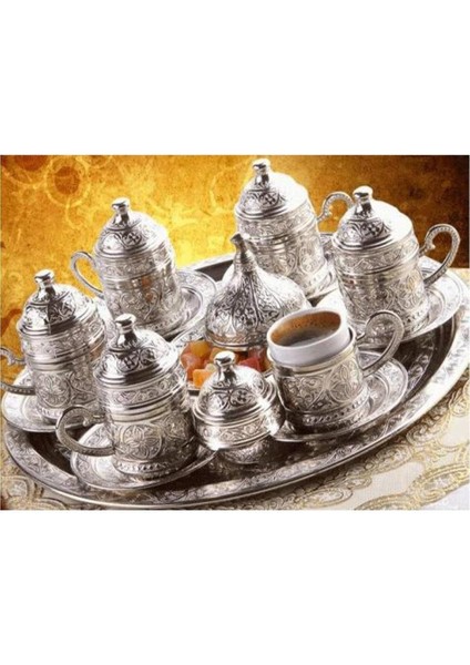 Osmanlı Motifli 6 Kişilik Türk Kahve Seti ( 3 Renk )