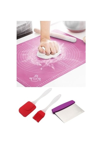 Hamur Açma Matı + Çelik Hamur Kesme Spatulası + Silikon Yumurta Fırçası ve Spatula 2'li Set