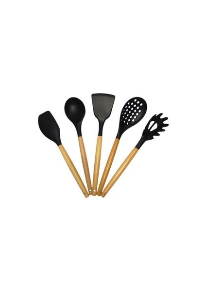 Ahşap Saplı Yanmaz Yapışmaz Lüks Mutfak Gereçleri 5 ' Li Set