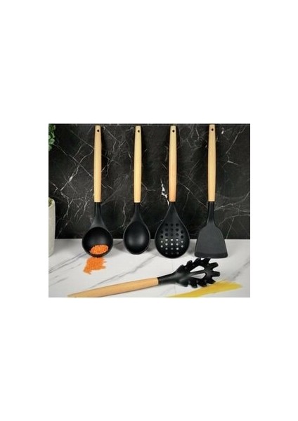 5 Parça Silikon Bambu Saplı Siyah Renk Servis Seti