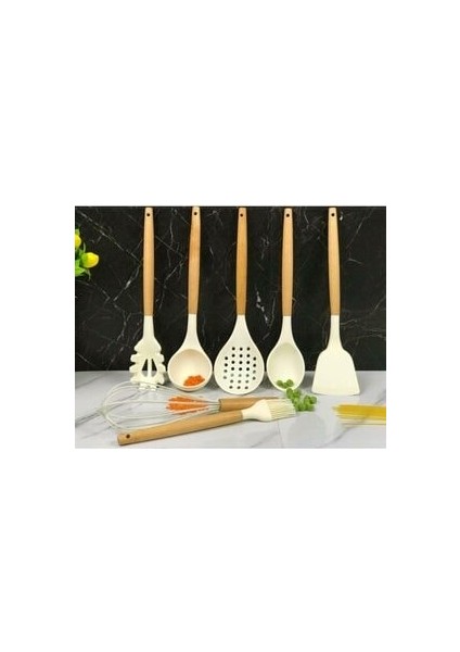 7'li Bambu Saplı Silikon Mutfak Seti Kaşık,kepçe,kevgir,spatula,spagetti Kaşığı,çırpıcı,fırça