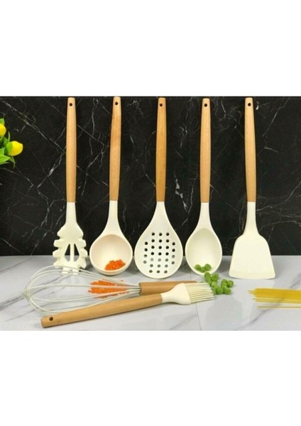 7'li Bambu Saplı Silikon Mutfak Seti Kaşık,kepçe,kevgir,spatula,spagetti Kaşığı,çırpıcı,fırça