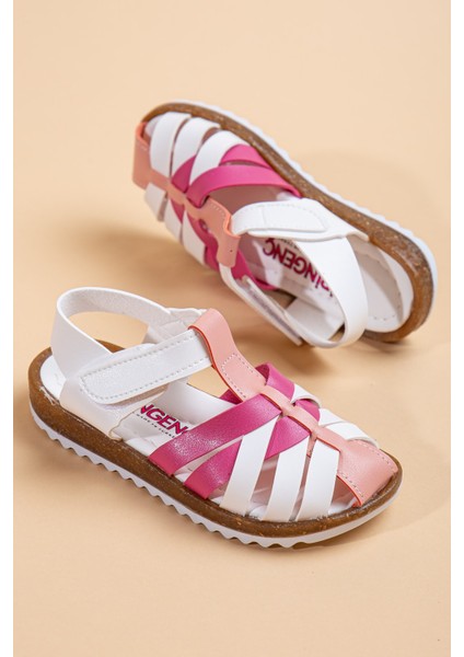 01 Beyaz Pembe Kız Çocuk Sandalet Ayakkabı