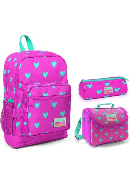 Pembe Kalp Baskılı Kız Çocuk 3'lü Ilkokul Çanta Seti
